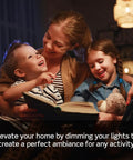 Family enjoying evening ambiance with Decora Smart Dimmer Switch 2nd Gen With Wi Fi And Neutral Wire Required Works With Matter Alexa.