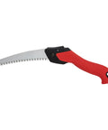 7 Inch Folding Pruning Saw With Fast Cut Razor Tooth Blade Heavy Duty Hand Tool for tree branch trimming, red ergonomic grip, sharp blade.