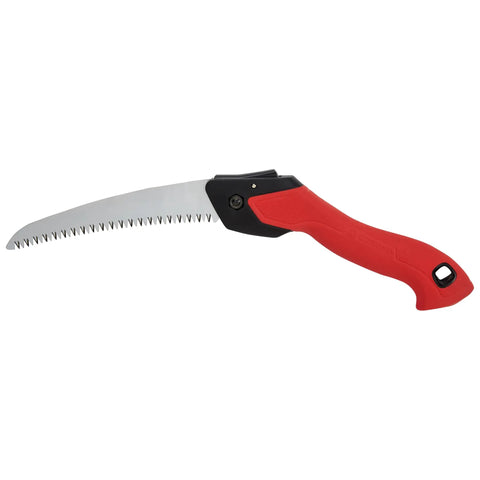 7 Inch Folding Pruning Saw With Fast Cut Razor Tooth Blade Heavy Duty Hand Tool for tree branch trimming, red ergonomic grip, sharp blade.