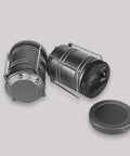 Two gray Lichamp LED camping lanterns with battery compartments and metal handles.