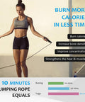 Woman using Weighted Jump Rope Half Pound 5mm Steel Rope With Ball Bearing Handles, highlighting benefits of jumping rope exercise.