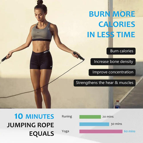 Woman using Weighted Jump Rope Half Pound 5mm Steel Rope With Ball Bearing Handles, highlighting benefits of jumping rope exercise.