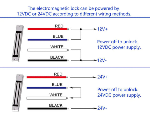 Wiring diagram for outdoor waterproof magnetic door lock 12V 24V 600lbs holding force with Z and L brackets access control.