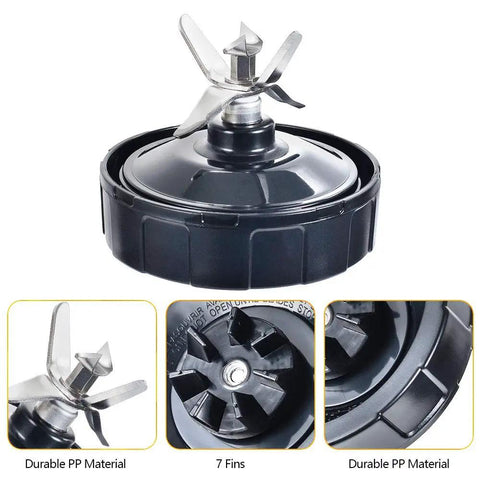 High Performance Seven Fin Male Blender Blade Replacement With Rubber Gasket Seal Fits Eighteen Ounce Twenty Four Ounce And Thirty Two Ounce Cups Perfectly shown in black with stainless steel blades and rubber seal.