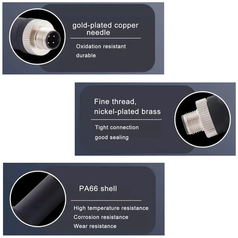 M12 4 Pin A Code Straight Circular Sensor Aviation Connector Kit Waterproof IP67 gold-plated needle brass thread PA66 shell