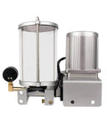 Automatic Grease Lubrication Pump for Industrial Equipment with 1 to 5 L Tank, motor-driven with pressure gauge.