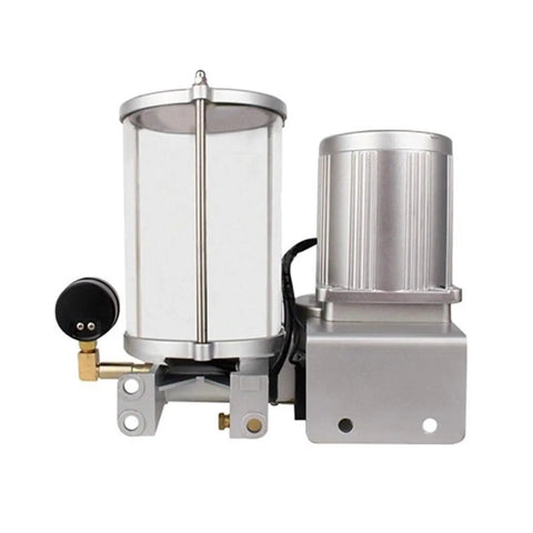 Automatic Grease Lubrication Pump for Industrial Equipment with 1 to 5 L Tank, motor-driven with pressure gauge.