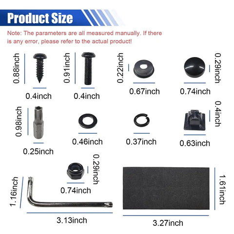 Product size guide for Top Shelf Anti Theft License Plate Screw Kit Featuring Tamper Proof Stainless Steel Fasteners.