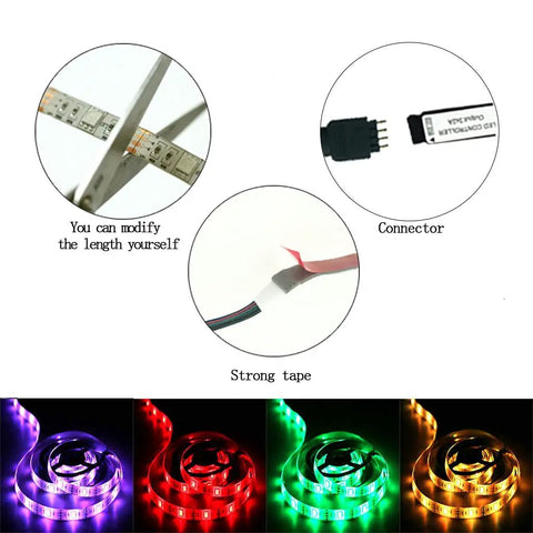 LED Strip Lights With 24 Keys Remote, Battery Powered 2 Meter Flexible Light Strip showing connectors, cutting, and colors