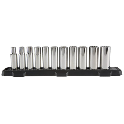 Deep Socket Set 1/2-Inch Drive SAE 12-Point, 11-Piece Workhorse With Quick Engagement And Corrosion-Resistant Chrome Finish on tray