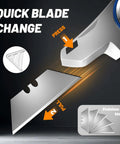 Folding Utility Knife Pocket Knife Heavy Duty Box Cutter With Aluminum Body Quick Change Blades Anti Slip Finger Loop Durable Razor Knife For Home Office And Warehouse Tackle Tough Jobs With Ease, stainless steel blade shown