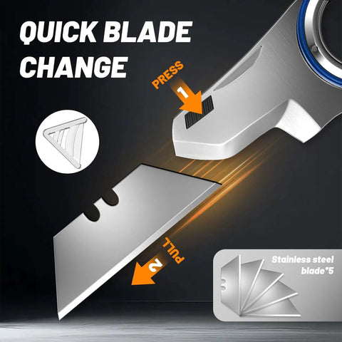 Folding Utility Knife Pocket Knife Heavy Duty Box Cutter With Aluminum Body Quick Change Blades Anti Slip Finger Loop Durable Razor Knife For Home Office And Warehouse Tackle Tough Jobs With Ease, stainless steel blade shown