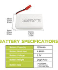 Battery specifications for 5 Pack 3.7V 1200mAh 30C LiPo Battery With 5in1 Charger JST Plug For T04 T05 RC Quadcopters