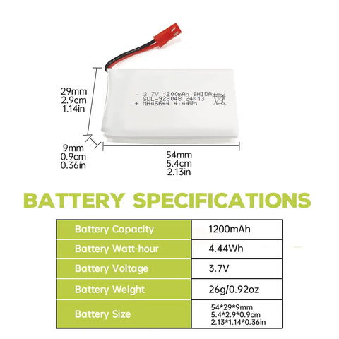 Battery specifications for 5 Pack 3.7V 1200mAh 30C LiPo Battery With 5in1 Charger JST Plug For T04 T05 RC Quadcopters