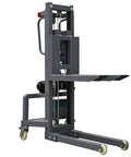 Handy Electric Pallet Stacker With Winch Lifts 600 Lbs Heavy Gear, portable gray motorized forklift alternative on wheels.