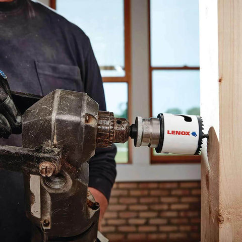 Lenox 2-3/4 in bi-metal speed-slot hole saw on a drill cutting wood
