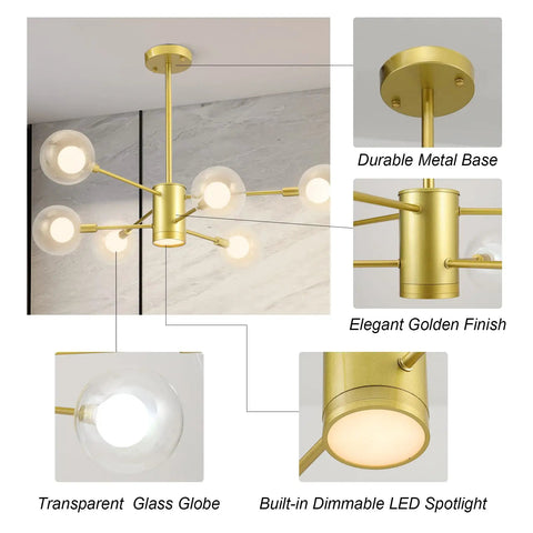 Sputnik Chandelier In Gold Finish, 6 Light Built-In Dimmable LED Spotlight with Glass Globes and Metal Base