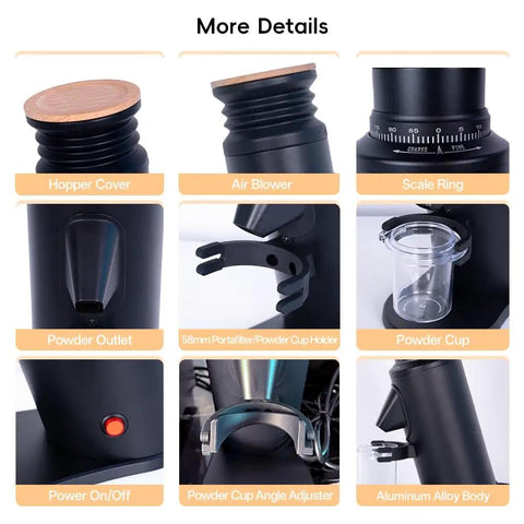 Top Shelf 58 Mm Gold Titanium Flat Burr Coffee Grinder Featuring Anti Static Build And Slick Stepless Adjustment For Real Deal Home Barista Daily Espresso Setup with details like hopper cover, scale ring, and powder outlet.