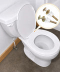 Tough As Nails Toilet Seat Bolts And Nuts Kit Four Piece Heavy Duty Hinge Screws with steel bolts displayed near toilet.