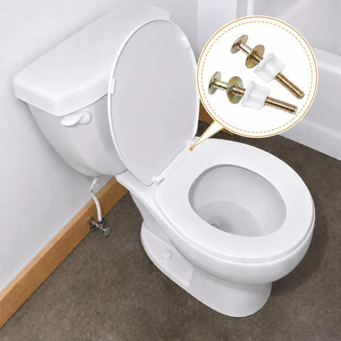 Tough As Nails Toilet Seat Bolts And Nuts Kit Four Piece Heavy Duty Hinge Screws with steel bolts displayed near toilet.