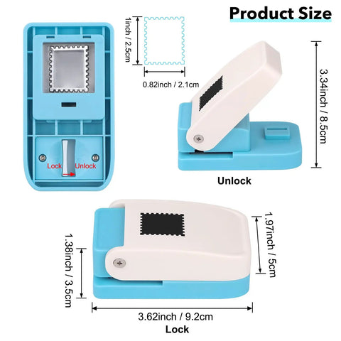 Rectangular Postage Stamp Punch 1x0.8 Inch With Scalloped Edge showing lever action and size dimensions in inches.