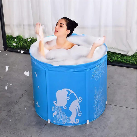 Woman enjoying bubble bath in Freestanding 31 Inch Soaking Tub For Home Spa And Ice Bath Space Saving Bathtub For Small Shower Stall