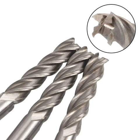 Three 1/4-inch, 4-flute HSS end mills with square nose and straight shank