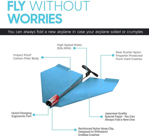 Epic Electric Paper Airplane Launcher Kit For Long-Lasting Flights, DIY Toy Engine Propulsion That Powers Paper Planes To Fly 30 Seconds, Kid-Friendly And Adults Welcome, Blue At Home Or School, blue launcher with carbon fiber body and rear propeller