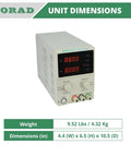 Precision Variable DC Power Supply 30V 5A with dual four-digit LED displays, Korad unit dimensions and weight shown