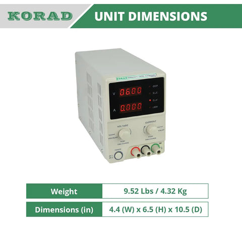 Precision Variable DC Power Supply 30V 5A with dual four-digit LED displays, Korad unit dimensions and weight shown