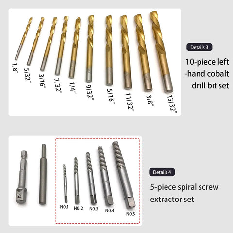 40 Piece Bolt Extractor Set With Left Hand Cobalt Drill Bits Multi Spline And Spiral Screw Extractors Knockout Pin Adapters And Hex Adapters For Damaged Bolts Studs And Rusted Screws Removal Heavy Duty Pro Grade Tools with drill bits and screw extractors visible