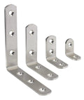 Dang Solid Stainless Steel Corner Braces Heavy Duty Right Angled L Shaped Brackets For Wood Furniture Bedframes And Cabinets Built Tough Diy Kit Of Ten Pieces, four sizes of stainless steel brackets with pre drilled holes.