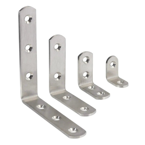 Dang Solid Stainless Steel Corner Braces Heavy Duty Right Angled L Shaped Brackets For Wood Furniture Bedframes And Cabinets Built Tough Diy Kit Of Ten Pieces, four sizes of stainless steel brackets with pre drilled holes.