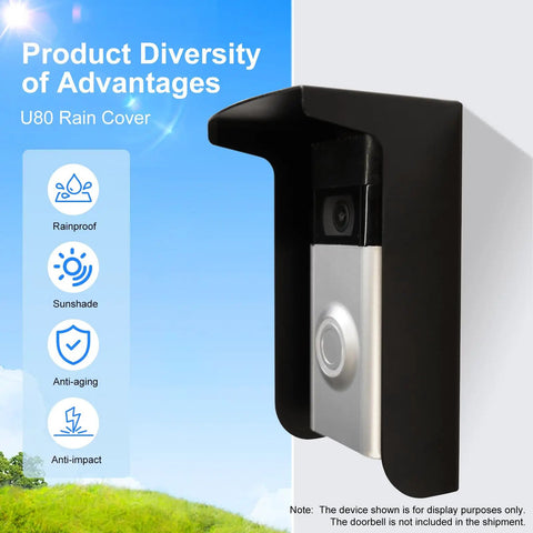Outdoor Black Doorbell Anti-Glare Cover With Inward-Fold Sun Shade showing rainproof and sunshade features with a doorbell.