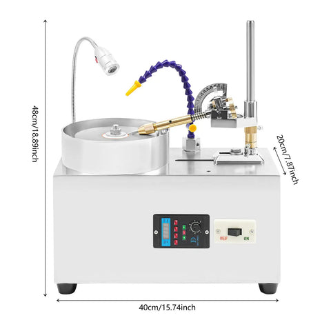 Pro Grade Faceting Machine With Beast Power 180W Jade Grinding Polisher, shown with dimensions and adjustable speed controls.