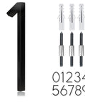 5-inch black stainless steel floating house number 1 with nail-mount kit and screws; front view, includes digits 0-9.