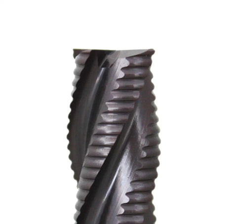 Roughing End Mill TiAlN Coated M42 Eight Percent Cobalt Four Flute Coarse Tooth Half Inch Diameter Shank Half Inch Flute Length One And A Quarter Inches Overall Length Three And A Quarter Inches
