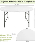 5 Foot Round Folding Table With Carrying Handle White Portable Plastic Table For Parties Dining Weddings Camping Picnics And Indoor Outdoor Events That Folds In Half For Easy Storage And Grab And Go Transport shown in full size and folded.