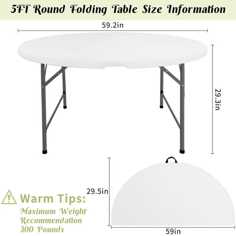 5 Foot Round Folding Table With Carrying Handle White Portable Plastic Table For Parties Dining Weddings Camping Picnics And Indoor Outdoor Events That Folds In Half For Easy Storage And Grab And Go Transport shown in full size and folded.