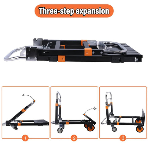 Three-step expansion view of Heavy Duty 3 In 1 Folding Hand Truck And Convertible Dolly Cart with folding mechanism.