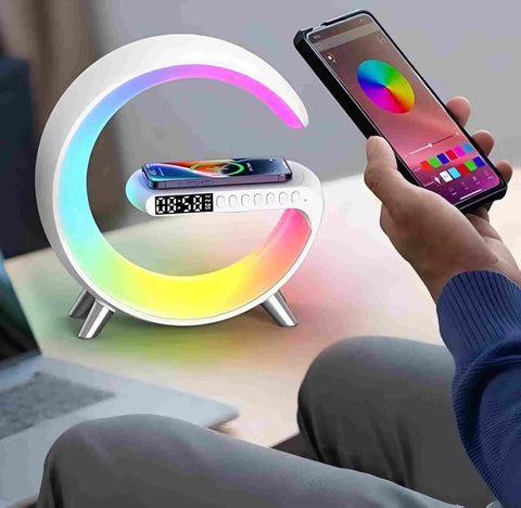 Bluetooth Speaker Lamp With Wireless Charger And App Control, RGB Night Light, Alarm Clock, White Desk Lamp for Sleep Routine
