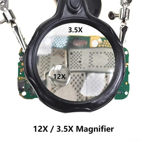 Desktop LED Magnifying Glass Soldering Station With Dual 3.5X And 12X Magnification, focus on magnifier lenses over PCB.