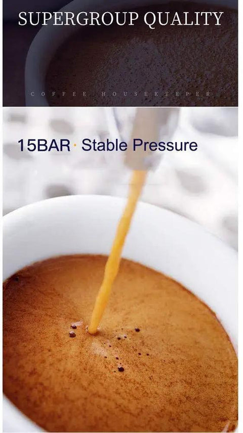Italian Semi Automatic Coffee Maker With Cappuccino Milk Frother And Steam Frothing Domestic Espresso Machine For Home Baristas Easy To Use Rich Crema A Great Gift For Coffee Lovers showcasing rich crema espresso with stable 15BAR pressure.