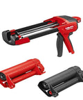 Manual Anchor Adhesive Dispenser With HIT-CR 500 And HIT-CB for fast clean bonding, red epoxy gun with black cartridges.