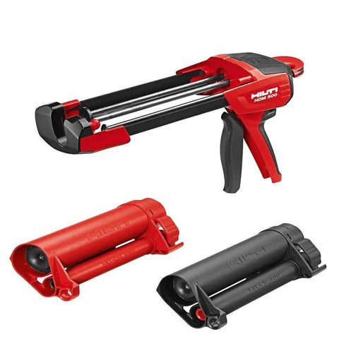 Manual Anchor Adhesive Dispenser With HIT-CR 500 And HIT-CB for fast clean bonding, red epoxy gun with black cartridges.
