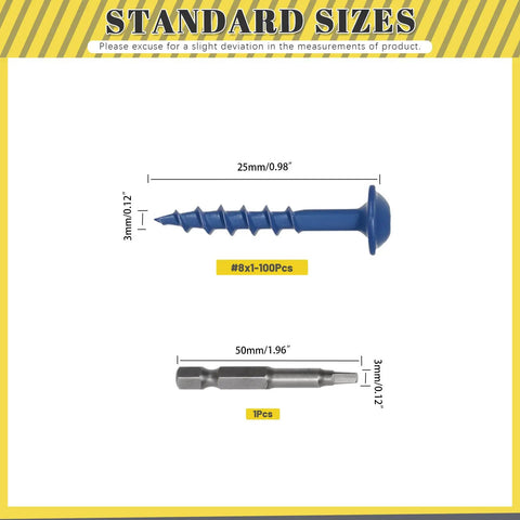 Dimensions of Exterior Pocket Hole Screws Kit With One Hundred Pieces Size Eight By One Inch Wood Screws Blue Anti Rust Coating