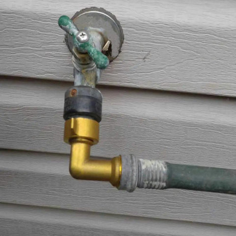 Garden Hose Elbow Connector 90 Degree Brass, Right Angle Hose Fitting, Three Quarter Inch Threads Male To Female, 2 Pack With Four Replacement Washers, Solid Brass Elbow For No Leaks And Easy Setup attached to outdoor hose