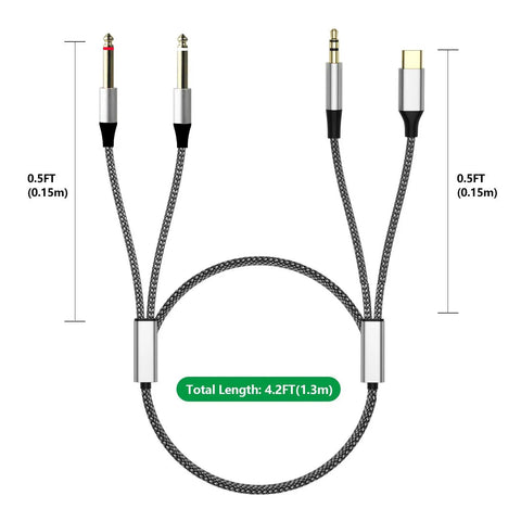 Three In One Beefed Up Shielded One Eighth Inch To Dual Quarter Inch TS Audio Y Cable Aux And USB C Compatible with Android 4.26 ft