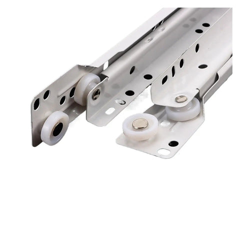 Close-up of Smooth Silent Drawer Slide Rails Pair For Cabinets And Desks, 14 Inch Length Quiet Track Slides with rollers.