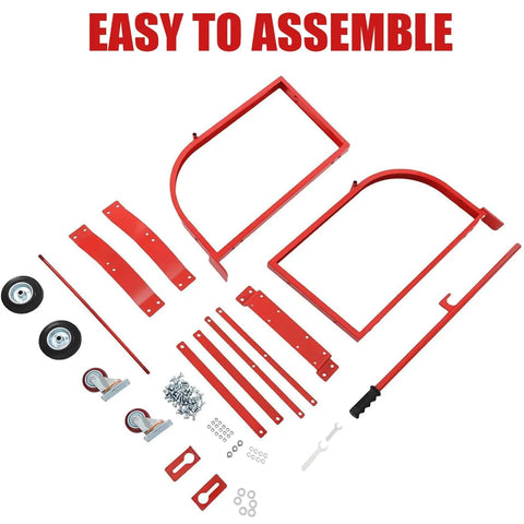 Heavy Duty Rolling Drum Cradle With Ride Like Butter Wheels And Ergo Grip Handle 600 Lb Capacity parts and assembly kit laid out.